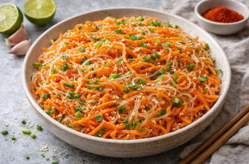 Karottensalat mit Glasnudeln in einer Schale, fein gehobelte Karottenstreifen mit Glasnudeln, Sesam und Frühlingszwiebeln auf hellem Untergrund angerichtet