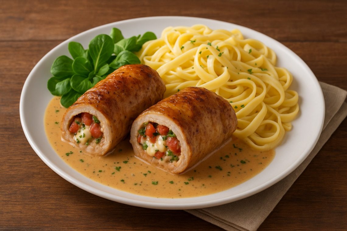 Saftige Putenrouladen mit einer herzhaften Füllung aus Schinken, Käse, Paprika und Kräutern in cremiger Sauce, serviert mit Bandnudeln und frischem Feldsalat.