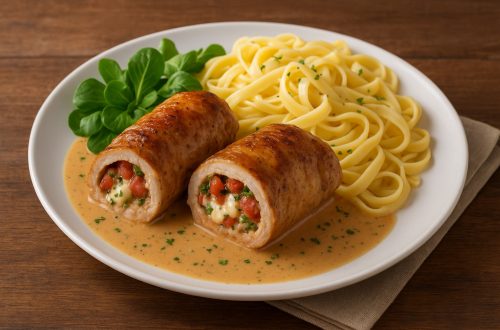 Saftige Putenrouladen mit einer herzhaften Füllung aus Schinken, Käse, Paprika und Kräutern in cremiger Sauce, serviert mit Bandnudeln und frischem Feldsalat.
