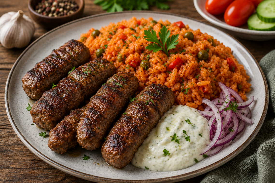 Saftige Cevapcici vom Grill mit würzigem Djuvec-Reis, cremigem Ajvar-Dip und roten Zwiebeln, serviert auf einem rustikalen Teller nach Balkan-Art.
