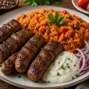 Saftige Cevapcici vom Grill mit würzigem Djuvec-Reis, cremigem Ajvar-Dip und roten Zwiebeln, serviert auf einem rustikalen Teller nach Balkan-Art.
