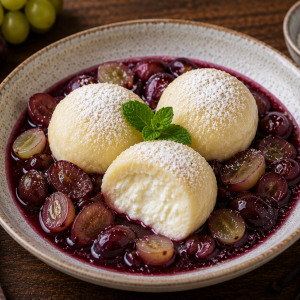 Fluffige Vanille-Quarkknödel auf fruchtigem Traubenkompott mit halbierten Weintrauben, bestäubt mit Puderzucker und garniert mit frischer Minze in einer rustikalen Dessertschale.