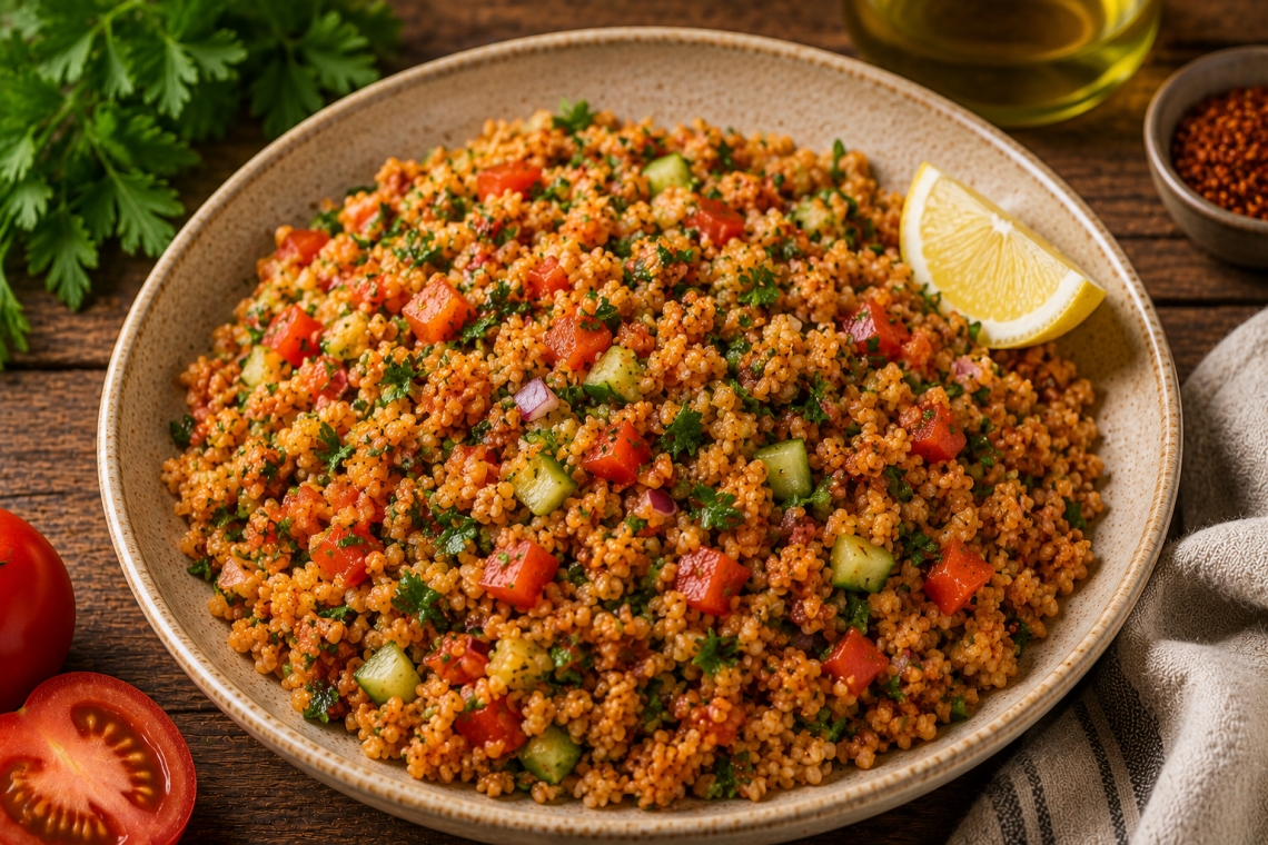 Türkischer Bulgursalat mit feinem Bulgur, Tomaten, Gurken, roten Zwiebeln und frischer Petersilie, verfeinert mit Zitronensaft und Gewürzen, serviert in einer rustikalen Schale.