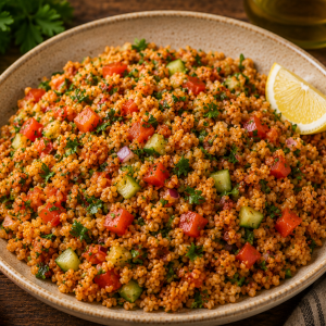 Türkischer Bulgursalat mit feinem Bulgur, Tomaten, Gurken, roten Zwiebeln und frischer Petersilie, verfeinert mit Zitronensaft und Gewürzen, serviert in einer rustikalen Schale.