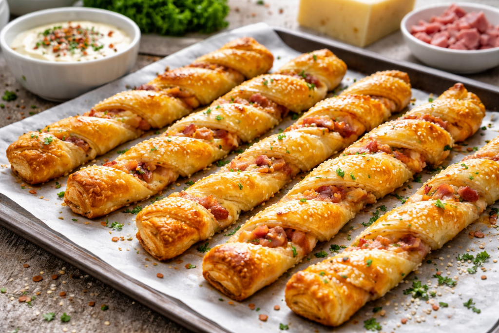 Goldbraun gebackene Blätterteig-Schinken-Käse-Stangen auf einem mit Backpapier belegten Blech, knusprig gedreht und gefüllt mit geschmolzenem Käse und geräuchertem Schinken, im Querformat fotografiert.