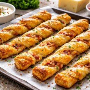 Goldbraun gebackene Blätterteig-Schinken-Käse-Stangen auf einem mit Backpapier belegten Blech, knusprig gedreht und gefüllt mit geschmolzenem Käse und geräuchertem Schinken, im Querformat fotografiert.