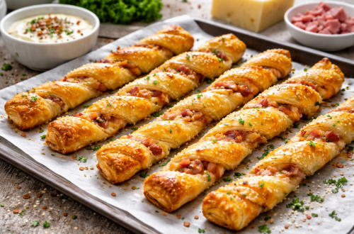 Goldbraun gebackene Blätterteig-Schinken-Käse-Stangen auf einem mit Backpapier belegten Blech, knusprig gedreht und gefüllt mit geschmolzenem Käse und geräuchertem Schinken, im Querformat fotografiert.