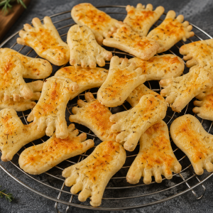 Knusprige Käsefüße aus herzhaftem Mürbeteig mit goldbraun überbackenem Käse und feinen Kräutern, frisch gebacken auf einem Kuchengitter angerichtet.