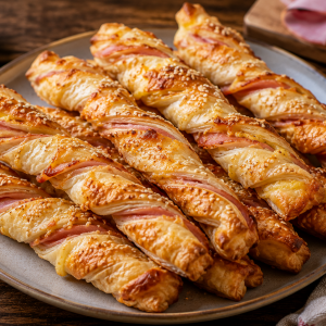 Knusprige Blätterteig-Schinken-Käse-Stangen mit goldbraun gebackenem Blätterteig, herzhaftem Kochschinken und geschmolzenem Käse, serviert auf einem rustikalen Teller als Party-Snack oder Fingerfood.