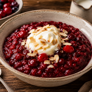 Hausgemachte Rote Grütze aus roten Beeren mit einer cremigen Vanillesauce, serviert in einer rustikalen Schale und garniert mit Mandelblättchen auf einem Holztisch.