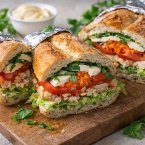 Frisch zubereitetes gefülltes Baguette mit Hähnchenbrust, Mozzarella, Tomaten, geraspelten Möhren, Eisbergsalat und Basilikum auf einem rustikalen Holzbrett. Die knusprigen Baguettehälften sind in Stücke geschnitten und teilweise in Alufolie gewickelt. Im Hintergrund stehen frische Kräuter, Cherrytomaten und eine Schale Mayonnaise. Ideal als Party-Snack, Picknick-Rezept oder schnelles Abendessen.