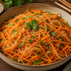 Frischer Karottensalat mit Glasnudeln, feinen Karottenstreifen, Frühlingszwiebeln und Sesam, verfeinert mit asiatischem Dressing und frischen Kräutern, serviert in einer rustikalen Schale.