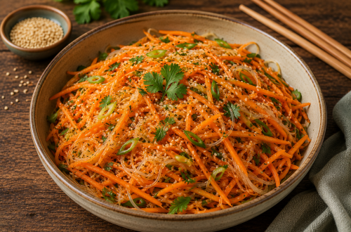 Frischer Karottensalat mit Glasnudeln, feinen Karottenstreifen, Frühlingszwiebeln und Sesam, verfeinert mit asiatischem Dressing und frischen Kräutern, serviert in einer rustikalen Schale.