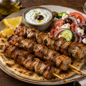 Saftige Souvlaki-Spieße mit mariniertem Schweinefleisch vom Grill, serviert auf Fladenbrot mit Tzatziki, griechischem Bauernsalat, Feta, Oliven und Zitronenspalten.