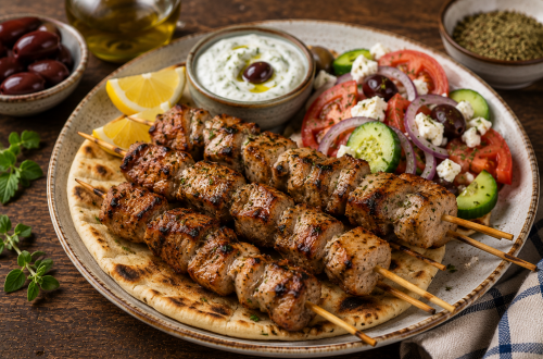Saftige Souvlaki-Spieße mit mariniertem Schweinefleisch vom Grill, serviert auf Fladenbrot mit Tzatziki, griechischem Bauernsalat, Feta, Oliven und Zitronenspalten.