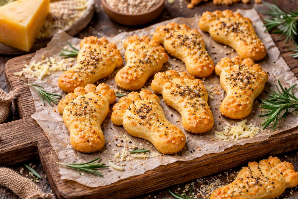 Frisch gebackene, goldbraune Käsefüße aus Mürbeteig mit geriebenem Käse, auf Backpapier angerichtet, bestreut mit Sesam, Schwarzkümmel und Kräutern, rustikal serviert auf einem Holzbrett.