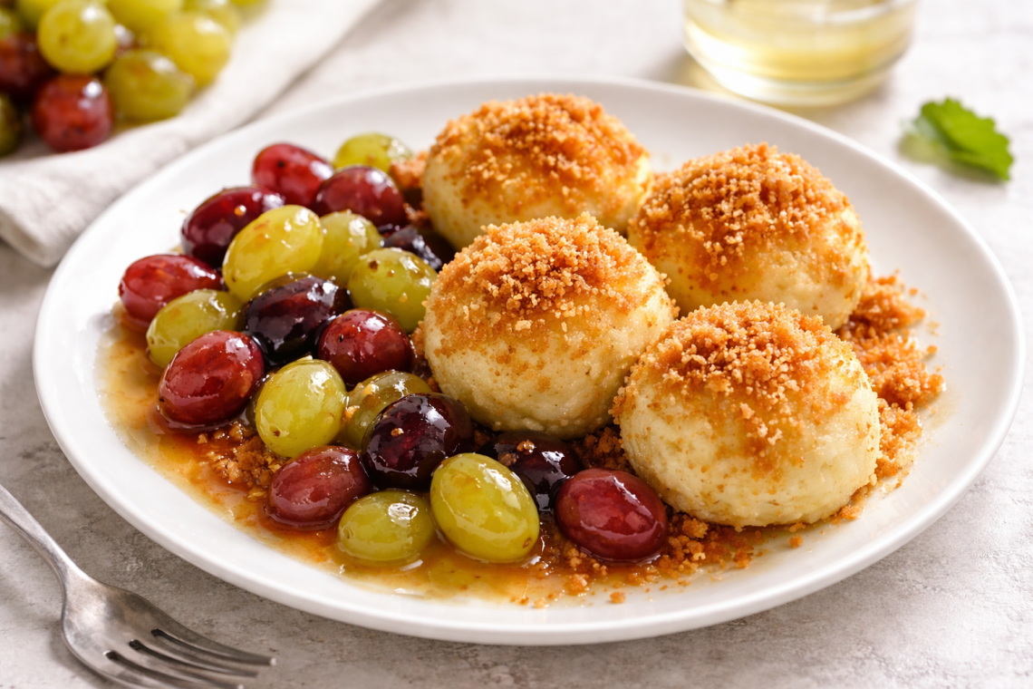 Vanille-Quarkknödel in goldenen Butterbröseln mit fruchtigem Traubenkompott aus grünen und roten Trauben, serviert auf hellem Teller.