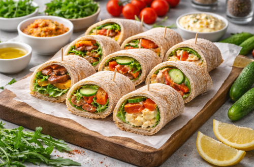 Bunte Sandwichrollen aus Vollkorn-Toast mit Steak, Hähnchen und Räucherlachs, gefüllt mit Rucola, Gurken und cremigen Brotaufstrichen, angerichtet auf einem Holzbrett.