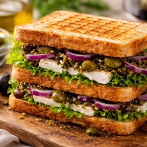 Fotorealistisches Feta-Sandwich mit Olivenpesto auf knusprigem Toast, belegt mit cremigem Feta, roten Zwiebeln, frischem Eichblattsalat und selbstgemachtem Olivenpesto auf einem Holzbrett.