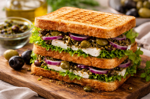 Fotorealistisches Feta-Sandwich mit Olivenpesto auf knusprigem Toast, belegt mit cremigem Feta, roten Zwiebeln, frischem Eichblattsalat und selbstgemachtem Olivenpesto auf einem Holzbrett.