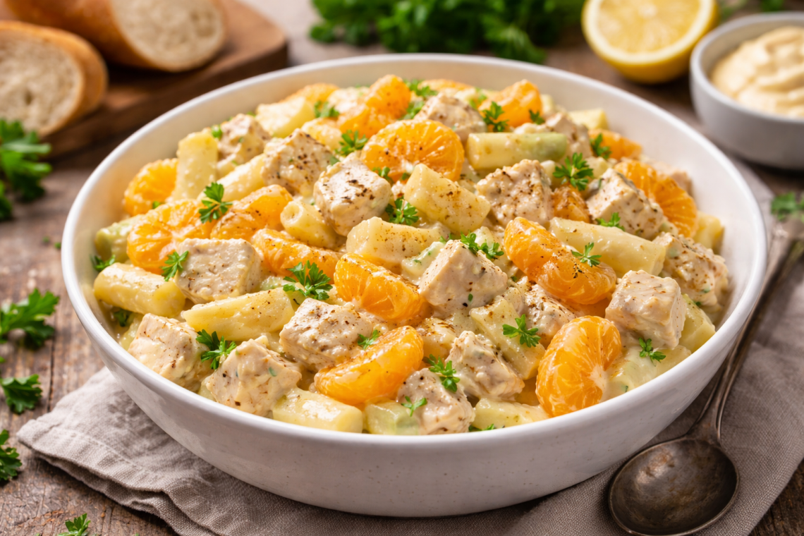 Cremiger Hähnchensalat mit Mandarinen und Spargel in einer weißen Schüssel, garniert mit Petersilie und auf einem Holztisch serviert.