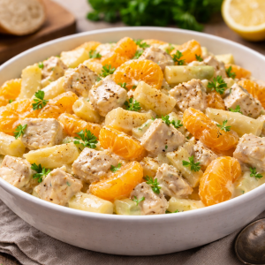 Cremiger Hähnchensalat mit Mandarinen und Spargel in einer weißen Schüssel, garniert mit Petersilie und auf einem Holztisch serviert.