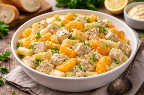 Cremiger Hähnchensalat mit Mandarinen und Spargel in einer weißen Schüssel, garniert mit Petersilie und auf einem Holztisch serviert.