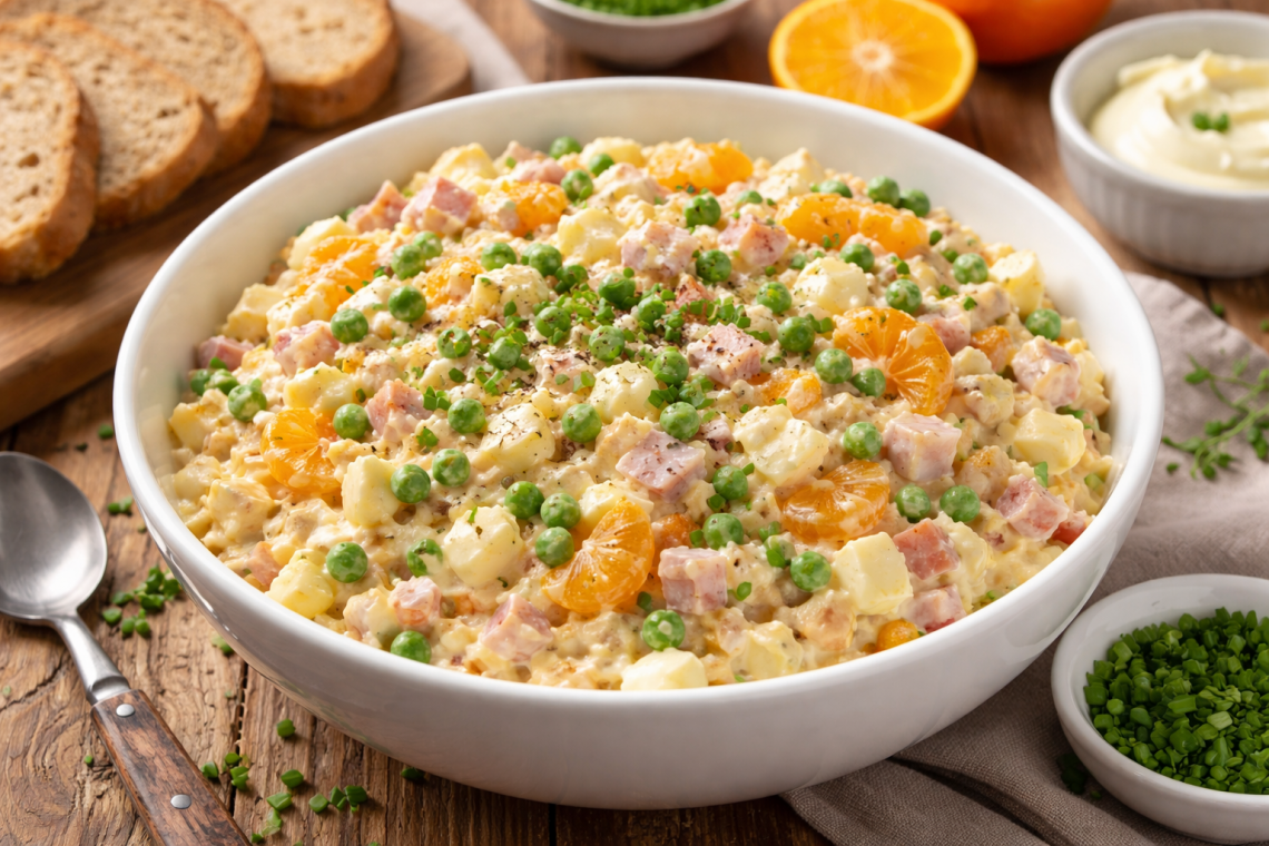 Cremiger Eiersalat mit Schinken, Erbsen und Mandarinen in einer weißen Schüssel auf Holztisch.