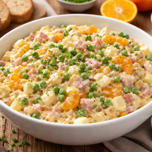 Cremiger Eiersalat mit Schinken, Erbsen und Mandarinen in einer weißen Schüssel auf Holztisch.