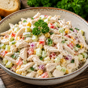 Cremiger Geflügelsalat mit zarten Hähnchenstreifen, Paprika, Sellerie, Mais und roten Zwiebeln in würzigem Dressing, serviert in einer rustikalen Schale mit frischen Kräutern.