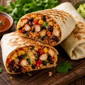 Herzhaft gefüllte Burritos mit Hähnchen, Reis, schwarzen Bohnen, Mais, Paprika und geschmolzenem Käse in knusprig gebräunten Tortillas, serviert mit Salsa und Limette auf rustikalem Holzbrett.