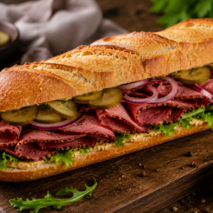 Frisch belegtes Pastrami-Baguette mit zartem Pastrami, Gewürzgurken, roten Zwiebeln, Salat und Senfcreme auf knusprigem Baguette, serviert auf einem rustikalen Holzbrett.
