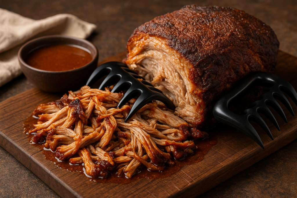 Saftiges Pulled Pork wird mit Meat Claws auseinandergezupft, knusprige Kruste und zartes Fleisch auf einem Holzbrett, daneben BBQ-Soße – Pulled Pork selber machen aus dem Ofen.