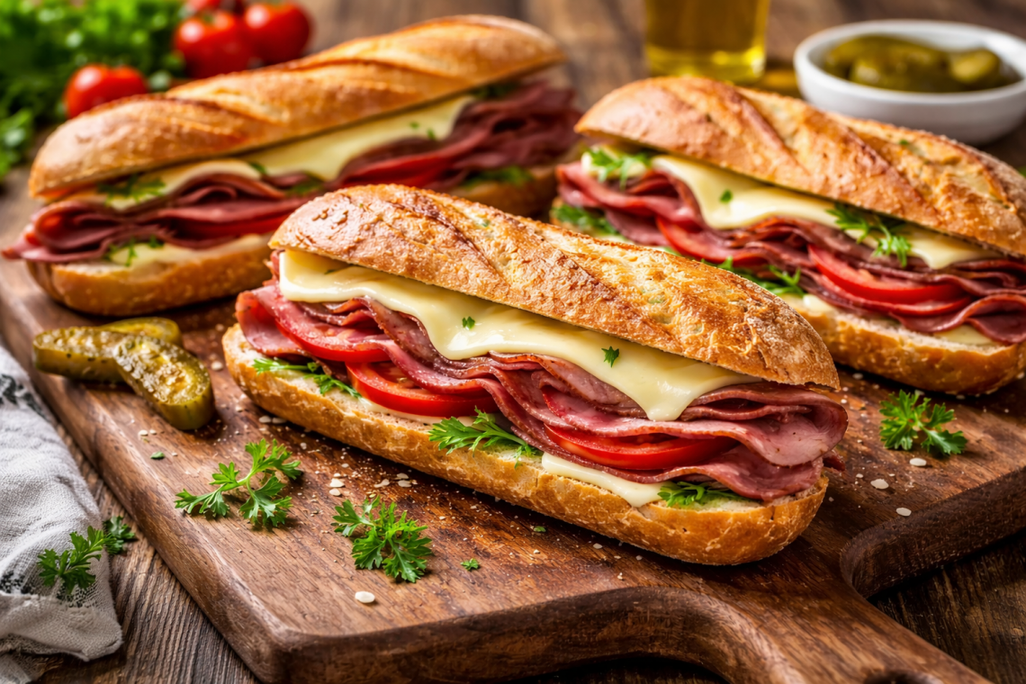 Frisch belegtes Pastrami-Baguette mit zartem Pastrami, geschmolzenem Emmentaler und Tomatenscheiben auf knusprigem Baguette, angerichtet auf einem Holzbrett.