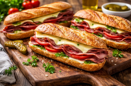Frisch belegtes Pastrami-Baguette mit zartem Pastrami, geschmolzenem Emmentaler und Tomatenscheiben auf knusprigem Baguette, angerichtet auf einem Holzbrett.