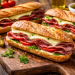 Frisch belegtes Pastrami-Baguette mit zartem Pastrami, geschmolzenem Emmentaler und Tomatenscheiben auf knusprigem Baguette, angerichtet auf einem Holzbrett.