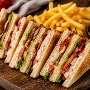 Klassisches Club Sandwich mit knusprig geröstetem Toast, Hähnchenbrust, Bacon, Tomaten, Salat und cremiger Mayonnaise, serviert mit goldenen Pommes frites auf einem rustikalen Holzbrett.