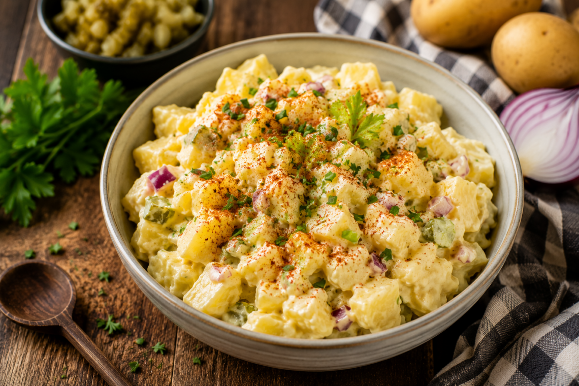 Amerikanischer Kartoffelsalat mit cremigem Mayonnaise-Dressing, Kartoffelwürfeln, Gewürzgurken, roten Zwiebeln und frischen Kräutern in einer Schale auf rustikalem Holztisch serviert.
