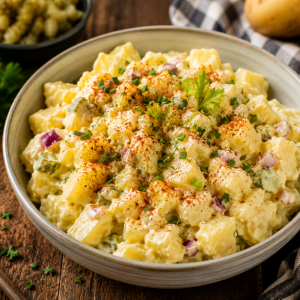 Amerikanischer Kartoffelsalat mit cremigem Mayonnaise-Dressing, Kartoffelwürfeln, Gewürzgurken, roten Zwiebeln und frischen Kräutern in einer Schale auf rustikalem Holztisch serviert.