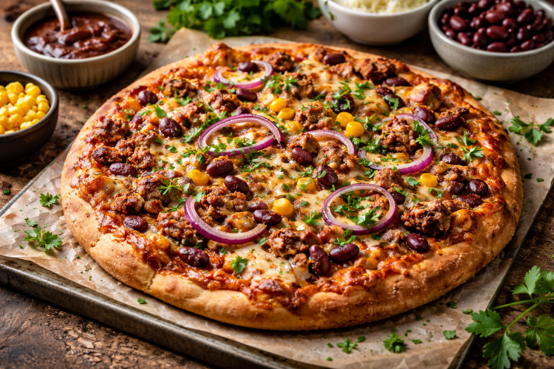 Frisch gebackene Pulled-Pork-Barbecue-Pizza mit geschmolzenem Gouda, Kidneybohnen, Mais, roten Zwiebeln und Petersilie auf knusprigem Pizzaboden im Querformat.