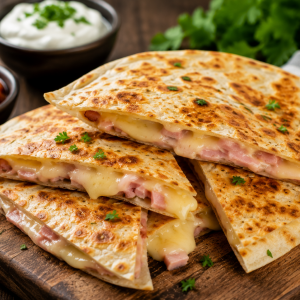 Knusprige Schinken-Käse-Quesadillas mit geschmolzenem Käse und herzhaftem Kochschinken, goldbraun gebraten und auf einem rustikalen Holzbrett mit Dip serviert.