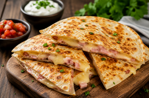 Knusprige Schinken-Käse-Quesadillas mit geschmolzenem Käse und herzhaftem Kochschinken, goldbraun gebraten und auf einem rustikalen Holzbrett mit Dip serviert.