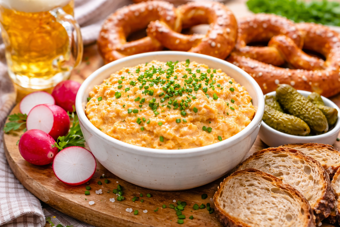 Cremiger bayerischer Obatzter in einer weißen Schüssel, mit Schnittlauch bestreut, serviert mit Brezeln, Brot, Radieschen, Gewürzgurken und einem Bier.