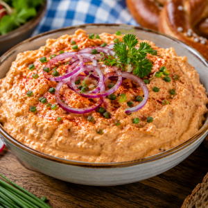 Cremiger Bayerischer Obatzter mit roten Zwiebelringen, Schnittlauch und Paprikapulver in einer Schale serviert, umgeben von frischem Bauernbrot, Brezeln und Radieschen auf rustikalem Holztisch.