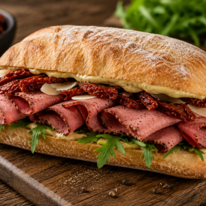 Knuspriges Roastbeef-Ciabatta mit zartem rosa Roastbeef, Rucola, getrockneten Tomaten, gehobeltem Hartkäse und cremiger Sauce auf rustikalem Holzbrett angerichtet.