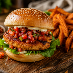 Saftiger Chickenburger mit knusprigem Hähnchenfilet, frischer Tomatensalsa, Salat und cremiger Sauce im Sesambrötchen, serviert mit knusprigen Süßkartoffelpommes auf rustikalem Holzbrett.