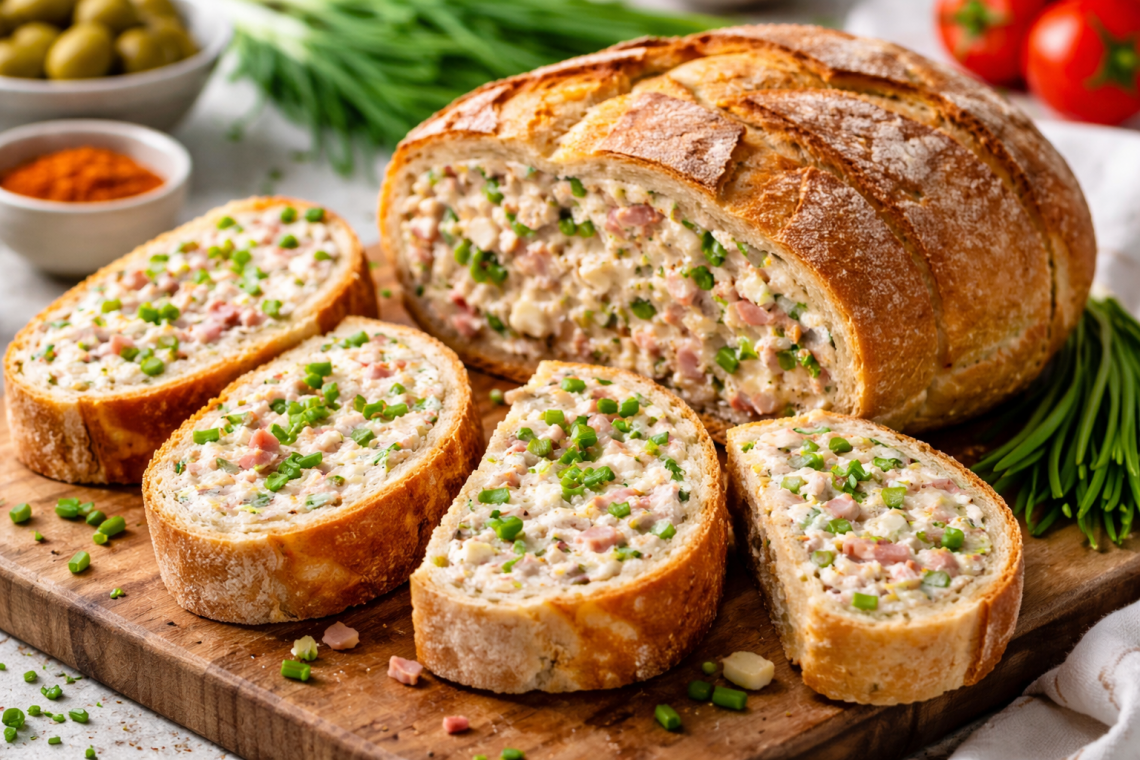 Gefülltes Brot in Scheiben geschnitten auf einem Holzbrett, mit cremiger Schinken-Frischkäse-Füllung, Gewürzgurken und frischen Kräutern.
