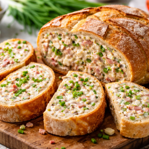 Gefülltes Brot in Scheiben geschnitten auf einem Holzbrett, mit cremiger Schinken-Frischkäse-Füllung, Gewürzgurken und frischen Kräutern.