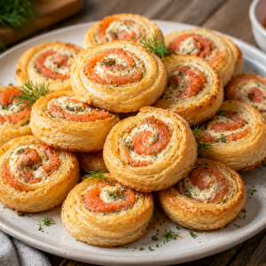 Knusprige Blätterteigschnecken mit Räucherlachs, Frischkäse und Dill auf einem Teller angerichtet, goldbraun gebacken und ideal als Party-Snack oder Fingerfood.