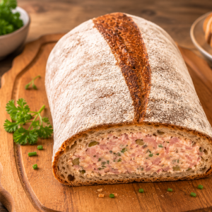 Gefülltes Partybrot mit cremiger Schinken-Käse-Füllung auf einem rustikalen Holzbrett, frisch angeschnitten und knusprig gebacken, ideal als herzhaftes Fingerfood für Buffets und Feiern.